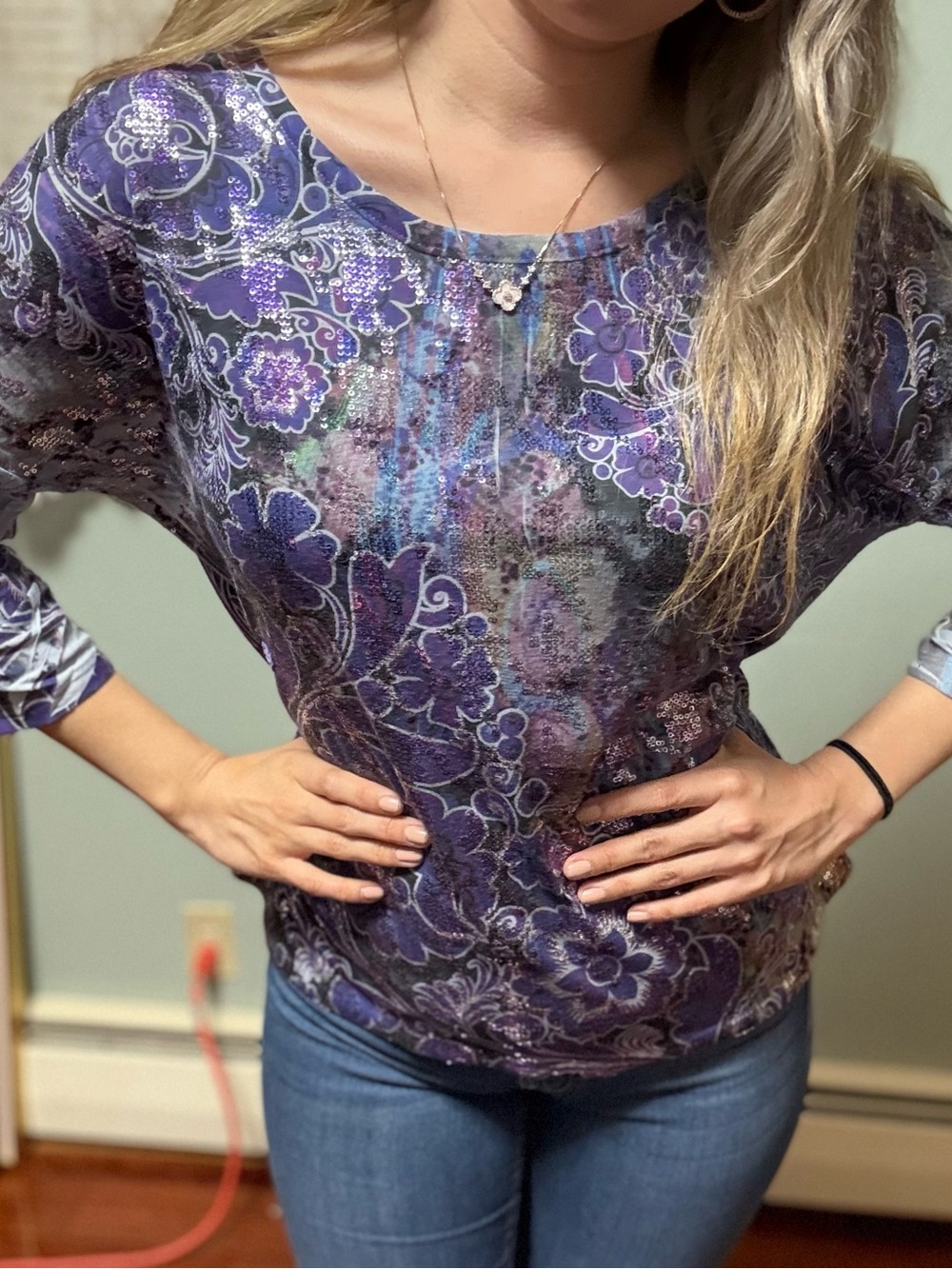 Sequined Purple Floral Print Long-Sleeve Top